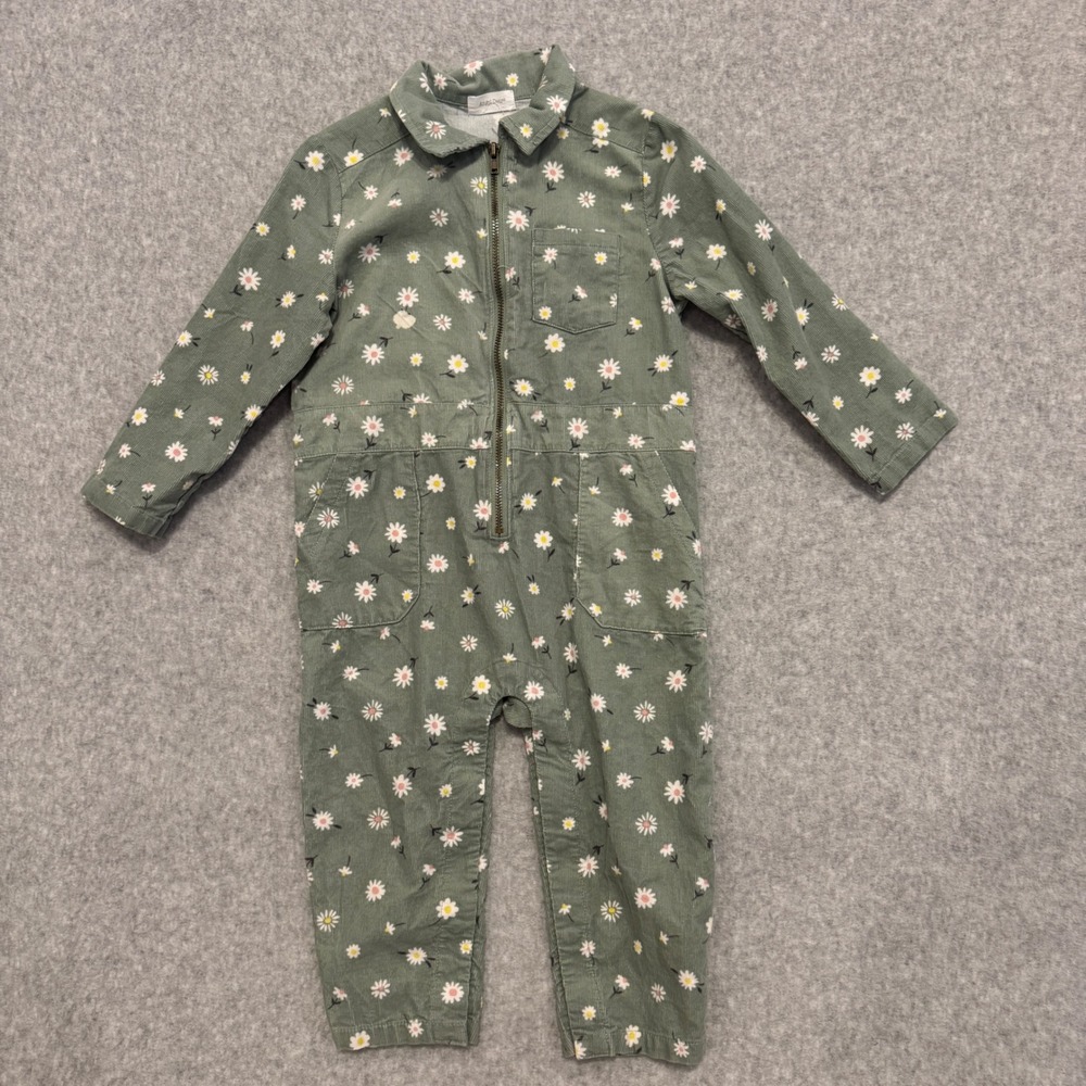 Angel Dear Kids Sage Green Daisy Floral Corduroy Zip Front Coverall Jumpsuit 2T